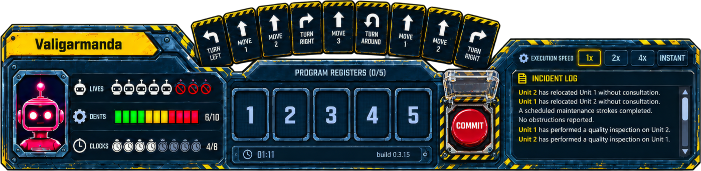 Player HUD, cards, registers, commit button, and incident log